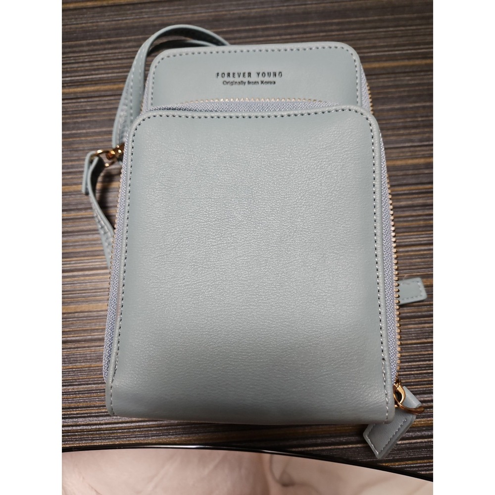 Forever Young Korea Crossbody Phone Bag Wallet Dusty Blue Faux Leather Gold Tone